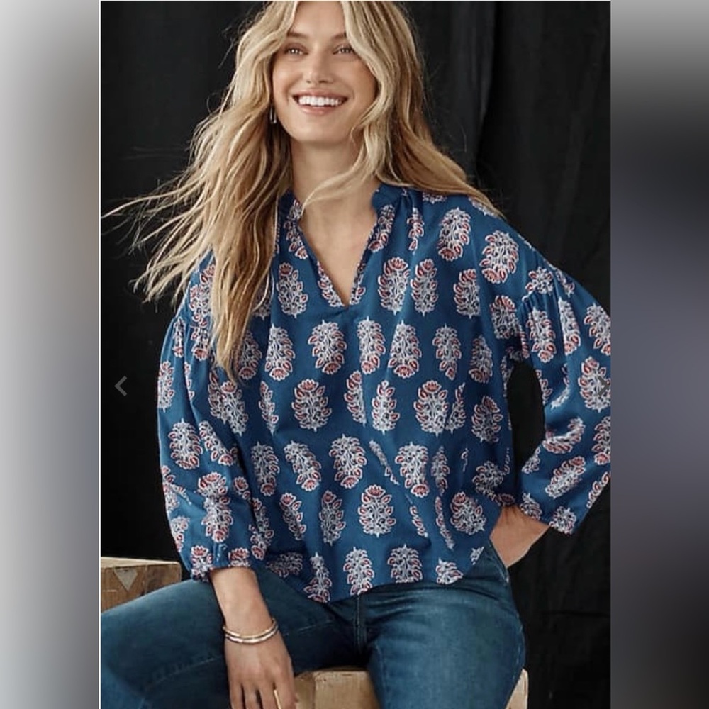 J. Jill Printed Cotton Top in Dark Cerulean Stamped Leaves L NWT